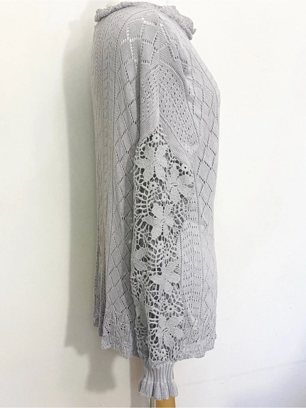 Meetrendi Women's Slouchy Light Gray Crochet Long Sleeve Viscose Knit Sweater L